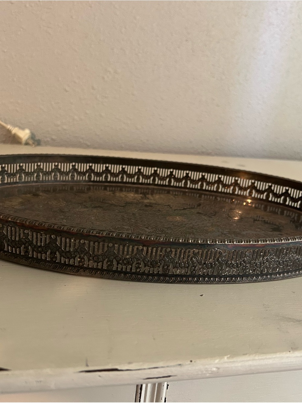 Decorative Ornate Oval Vanity Tray in Antique Silver Tone